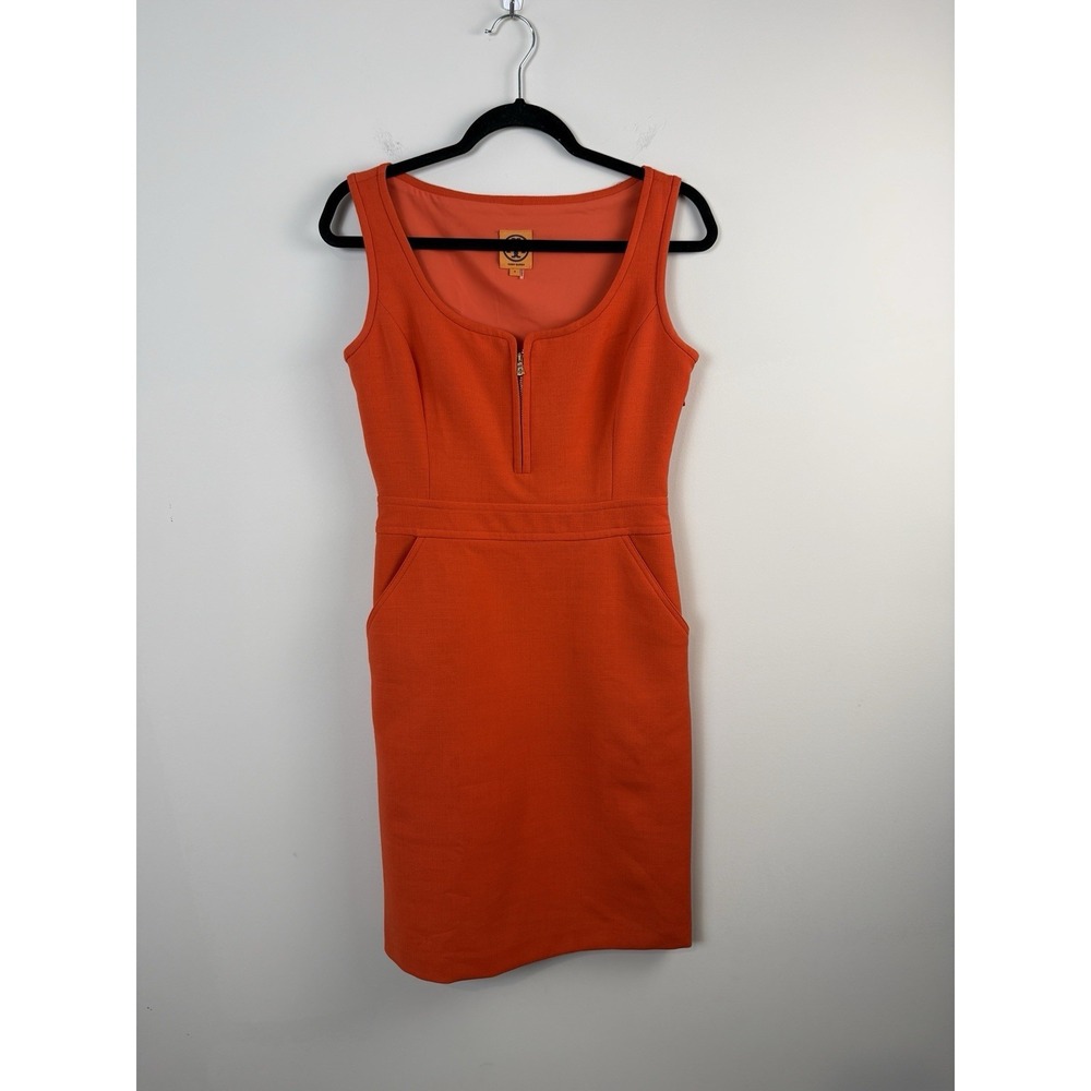 Tory Burch Sheath Dress Womens Size 4 Orange Wool Blend Zip Front Pockets